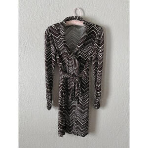 100% Silk Trina Turk Wrap Dress Brown While Geometric Size Small